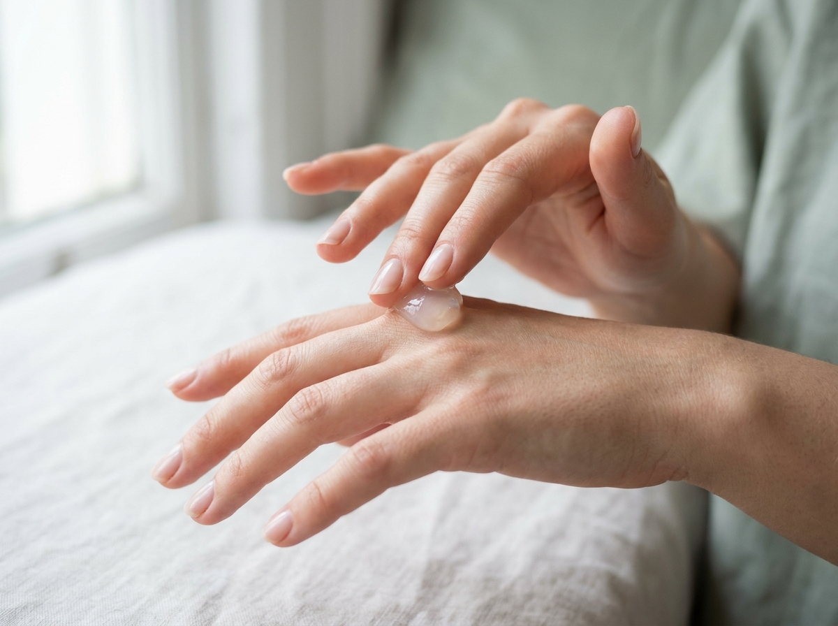 Hands with moisturizer, representing healthy skin care
